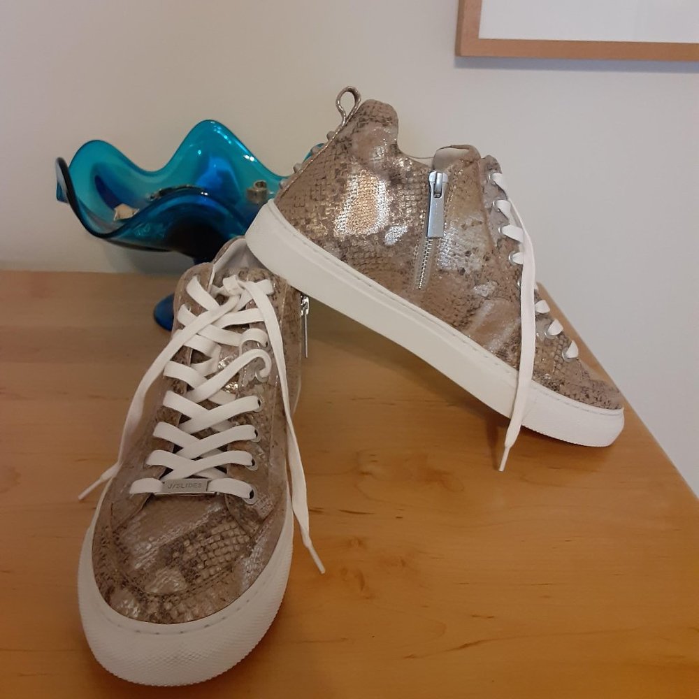 Trendy J Slide High Top Metallic Snake Leather Sneaker with Zippers Lace-up